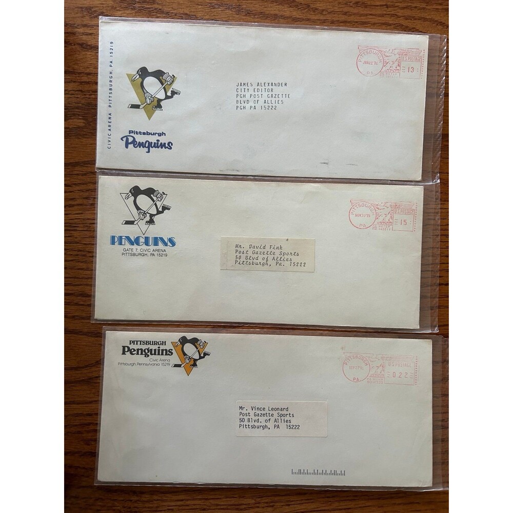 Rare NHL Pittsburgh Penguins lot of 3 press release envelopes 1970s 1980s